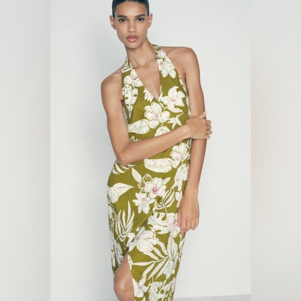 ZARA FLORAL PRINT LINEN BLEND HALTER DRESS ZW COLLECTION Green Cream M